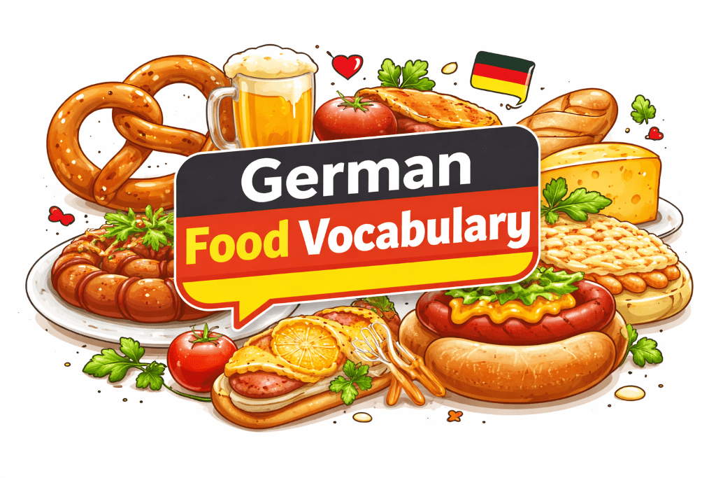 German food vocabulary in a German flag speech bubble against a background of German foods