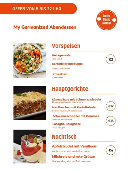 german food vocabulary dinner menu