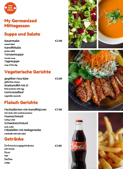 german food vocabulary lunch menu