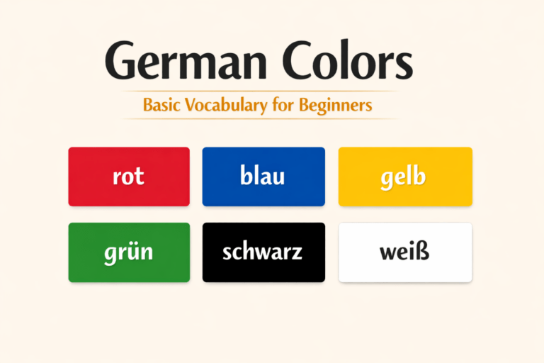 German colors basic vocabulary for beginners with six colored rectangles below and their German color words
