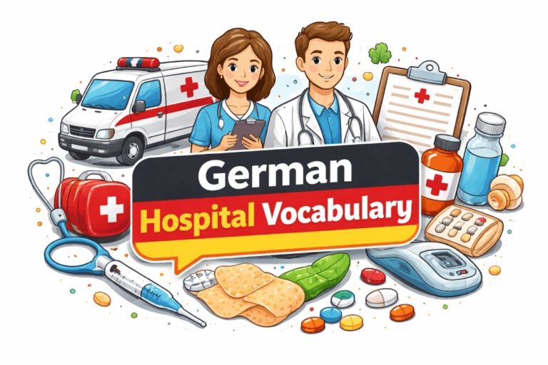 German hospital vocabulary in a German flag speech bubble against a background of hospital items