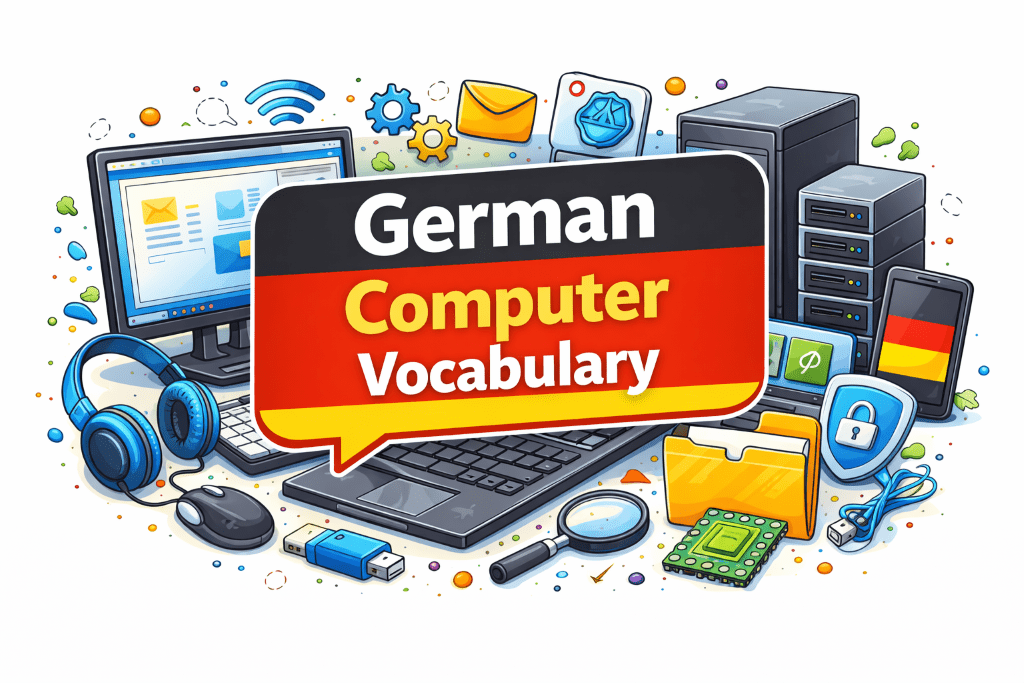 German computer vocabulary in a German flag speech bubble with tech objects in the backgound