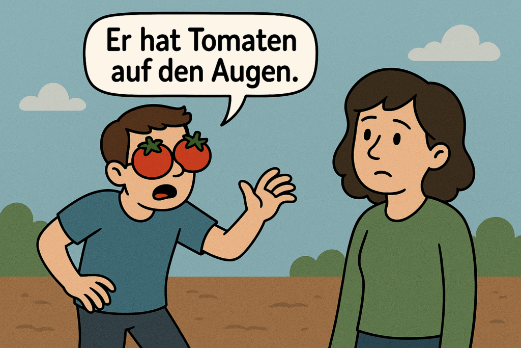 Er hat Tomaten auf den Augen means he has tomatoes on his eyes, but not literally of course