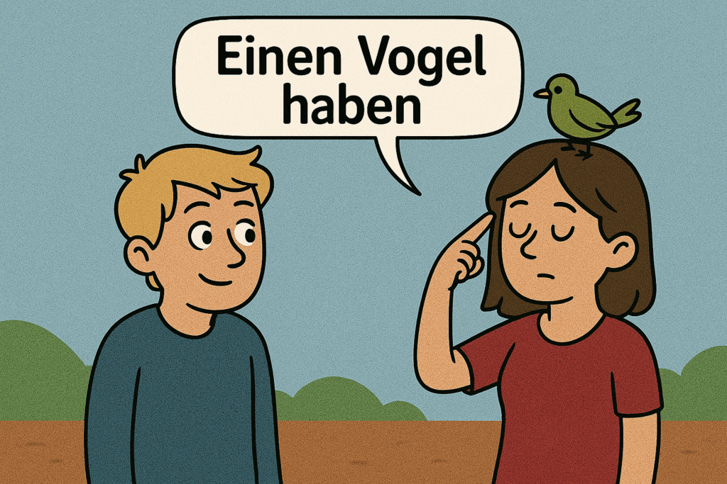 A cartoon of a guy smiling at a woman with a bird on her head