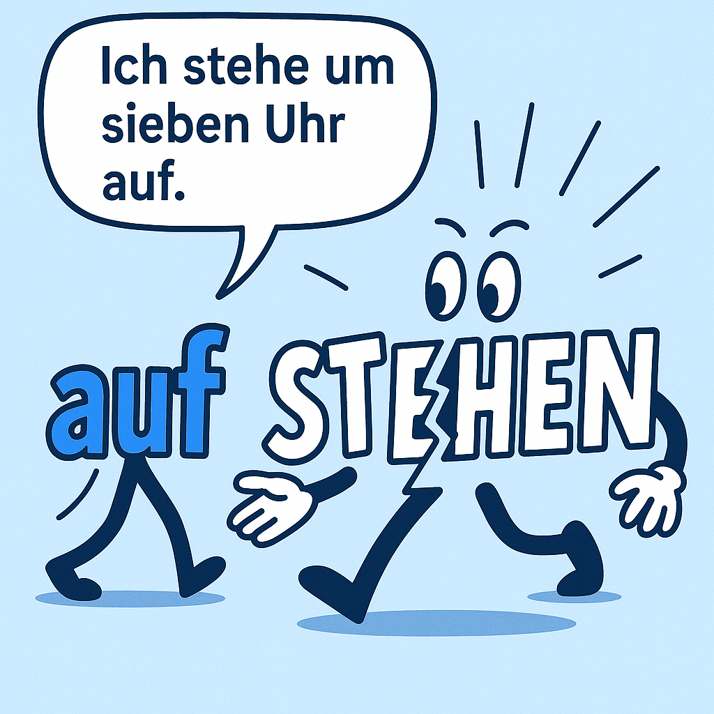 Cartoon of the word aufstehen with the prefix auf separating and walking away with its legs
