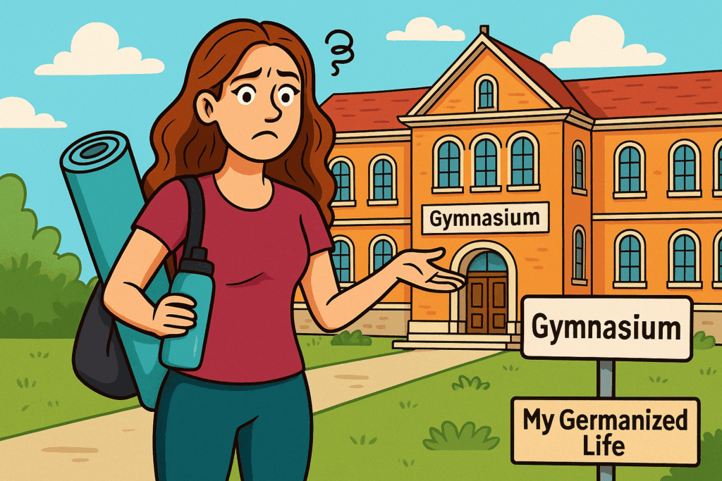 A woman with her fitness gear stands confused in front of the German Gymnasium