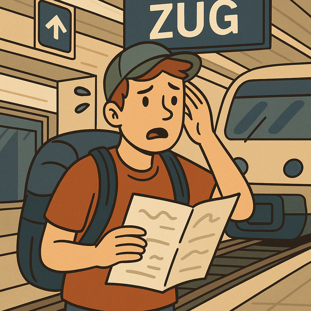 Cartoon of a lost American in a German train station part of German travel vocabulary