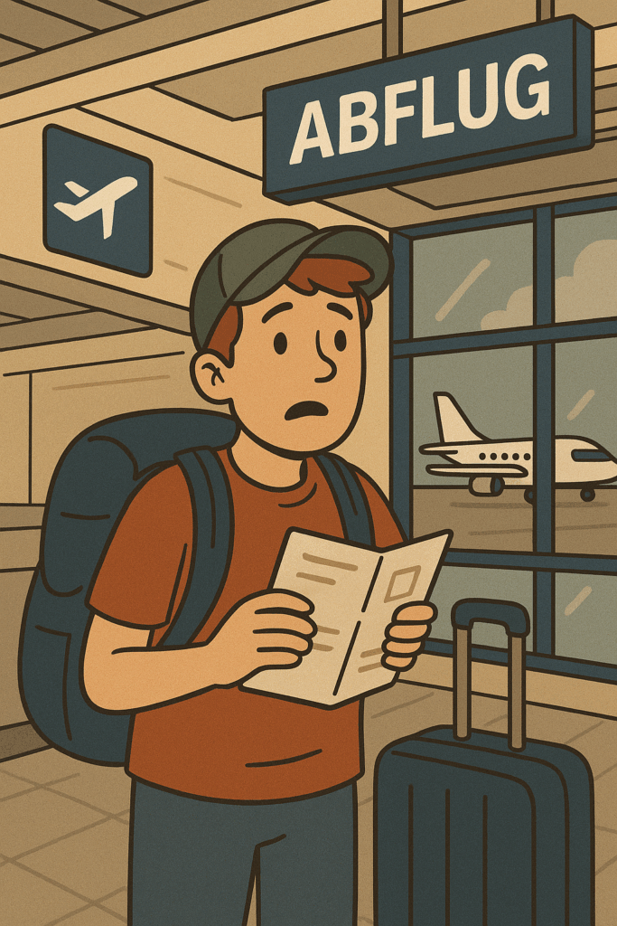 Cartoon of a confused American who forgot German travel vocabulary in a German airport