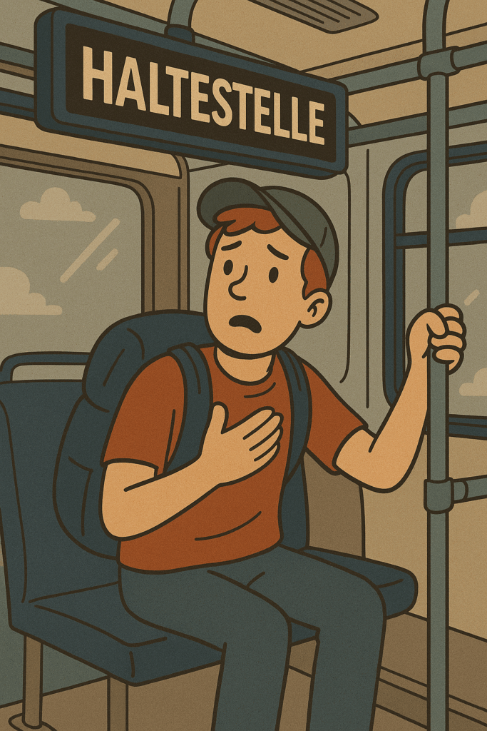 Cartoon of a confused American on a German bus