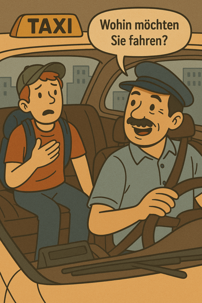 Cartoon of a confused American in the back of a German taxi