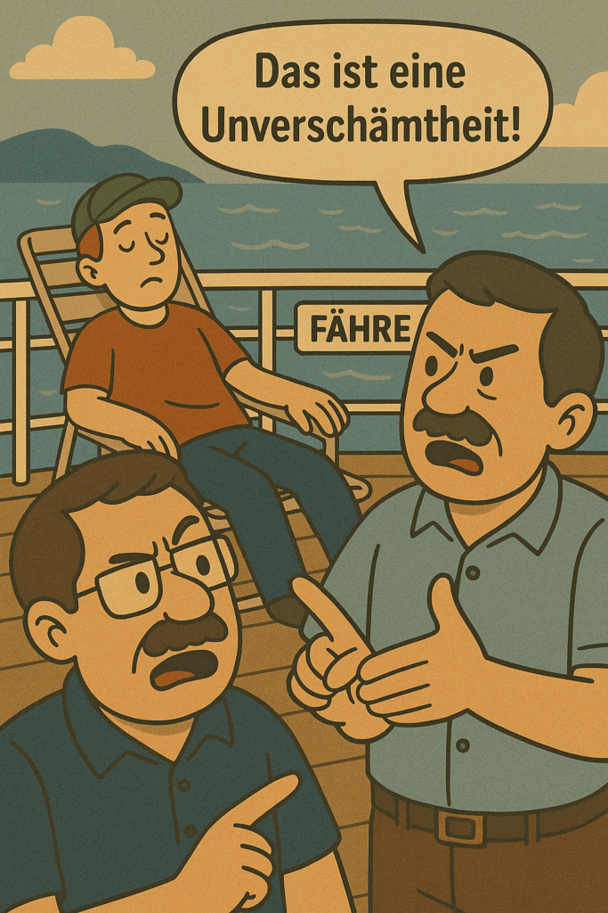 Cartoon of two Germans arguing on a ferry