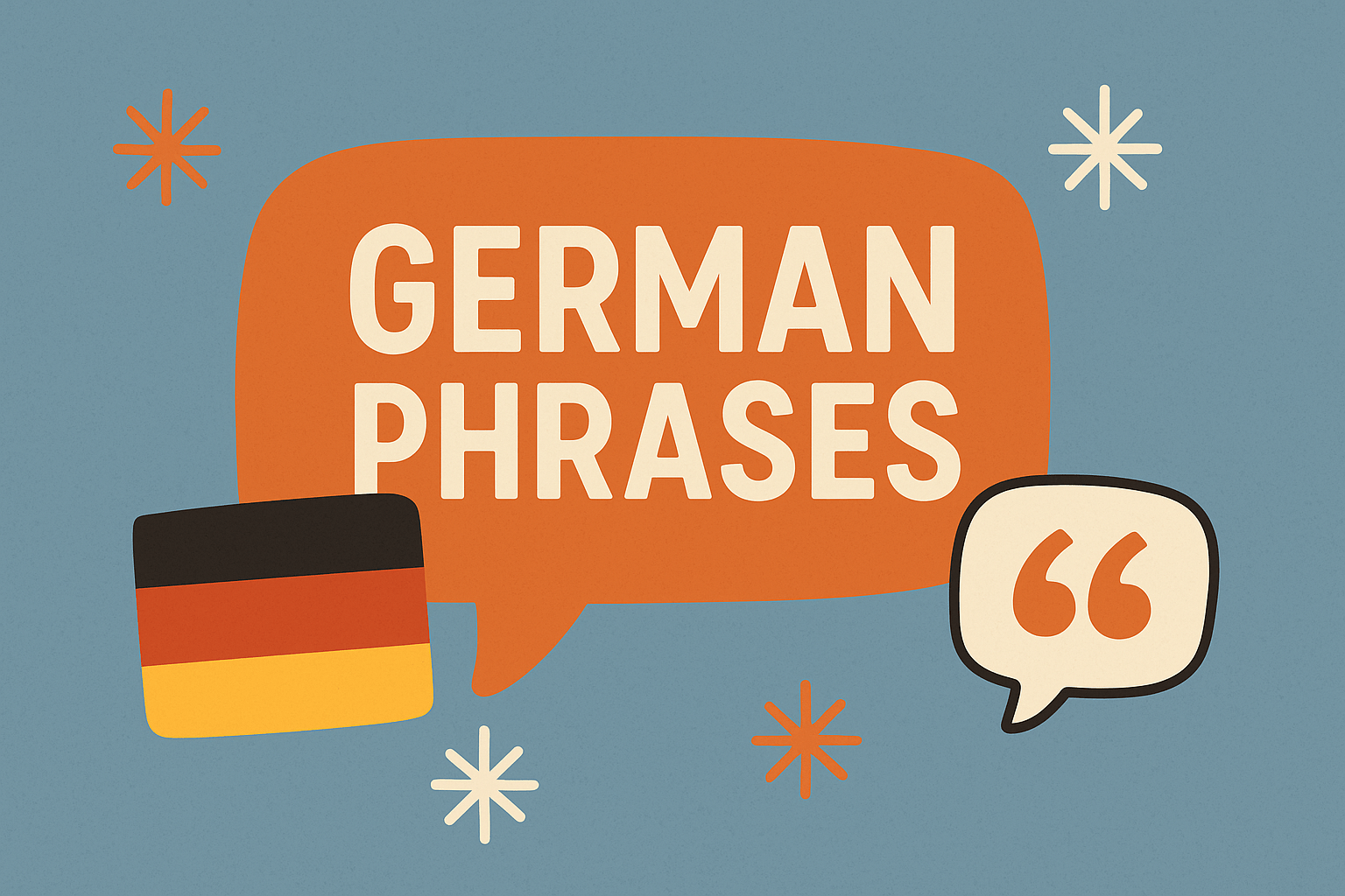 German phrases in an orange speech bubble with a German flag in the left bottom corner and air quotes in the right bottom corner