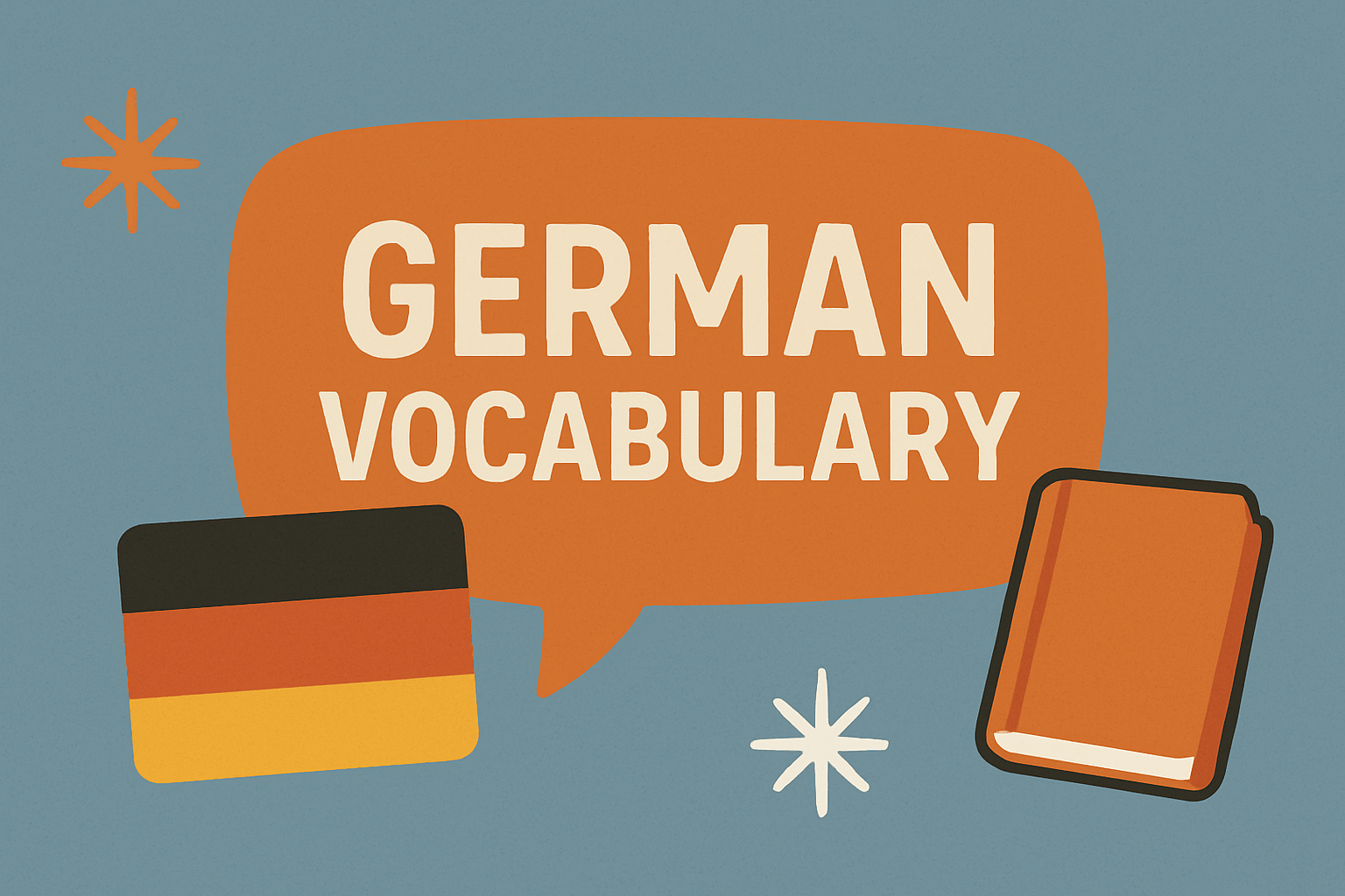 German vocabulary in an orange speech bubble with a German flag in the left bottom corner and book in the right bottom corner
