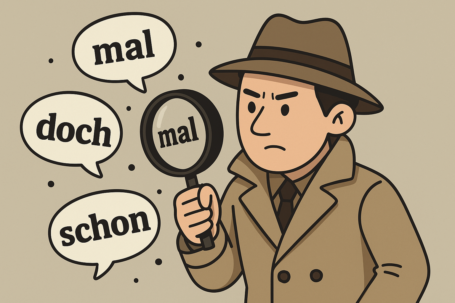 Cartoon of a detective investigating German modal particles with a magnifying glass