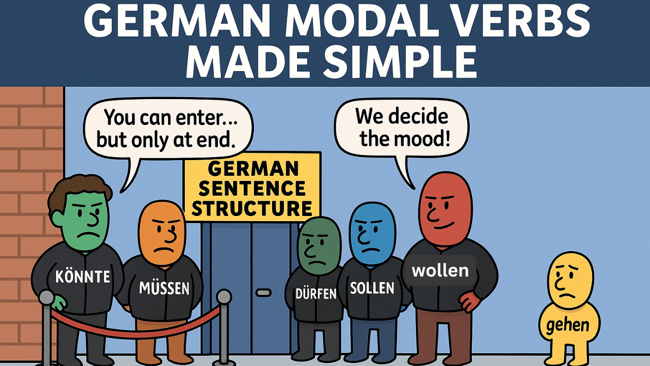German modal verbs club in the form of a colorful comic