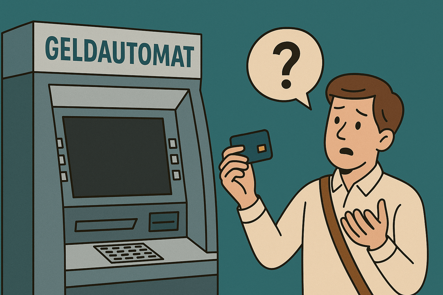 A cartoon of a German ATM and a man looking confused
