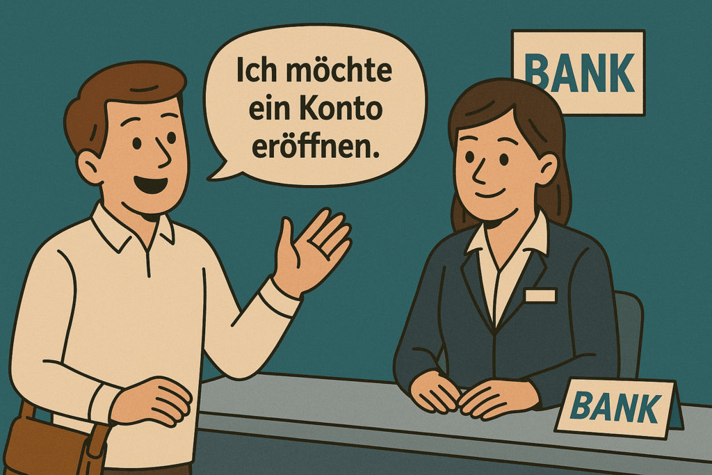 A man at the bank in Germany asking in German if he can open an account