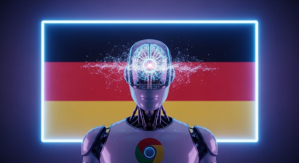 An AI robot teacher in front of a German flag