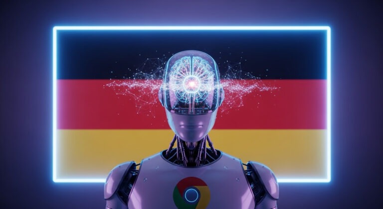 An AI robot teacher in front of a German flag