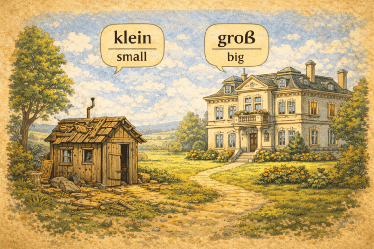 A small shack next to a big mansion with the German adjectives klein and gross