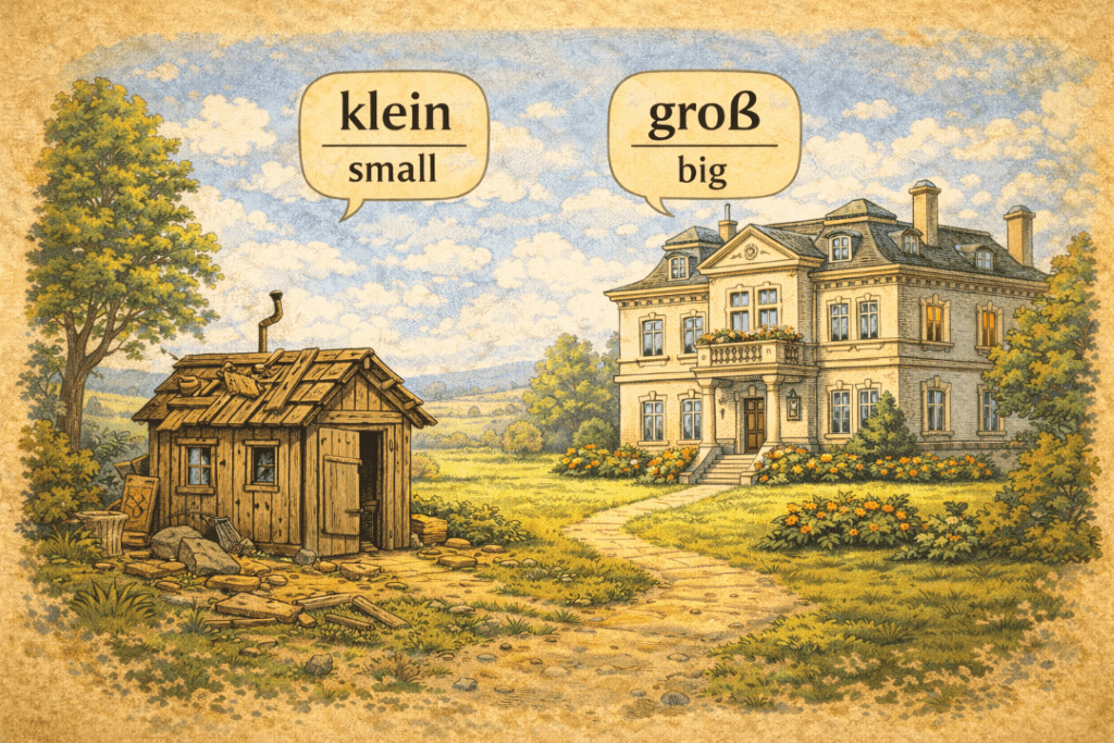 A small shack next to a big mansion with the German adjectives klein and gross