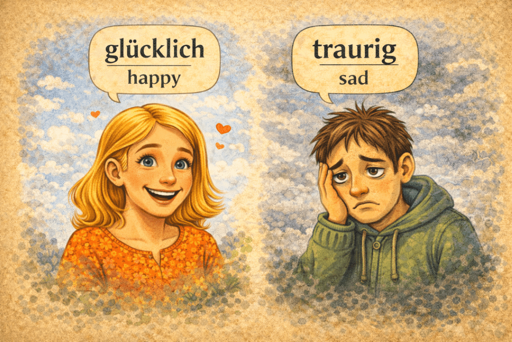 A smiling girl and a frowning boy teach the German adjectives gluecklich and traurig