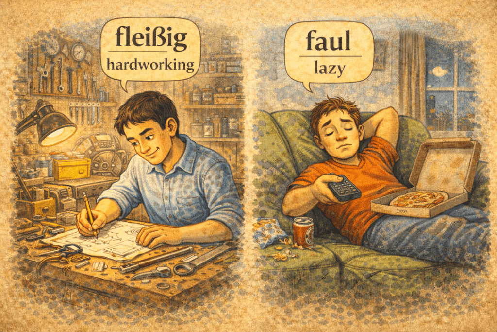 The left shows a hardworking student who is fleissig and a lazy student who is faul in German