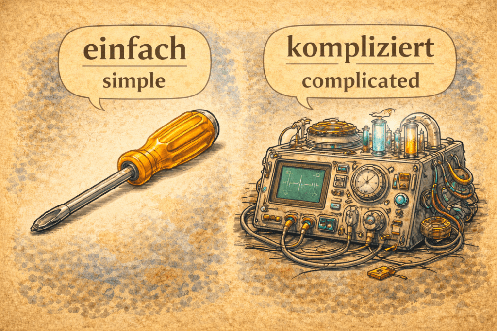 The German adjectives einfach and kompliziert are illustrated with a simple screw driver and a complex machine