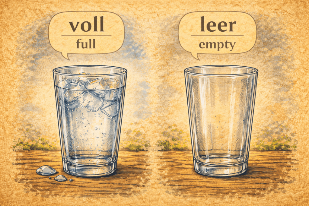 Voll and leer are illustrating the German adjectives full and empty with two glasses, one empty and one filled with water