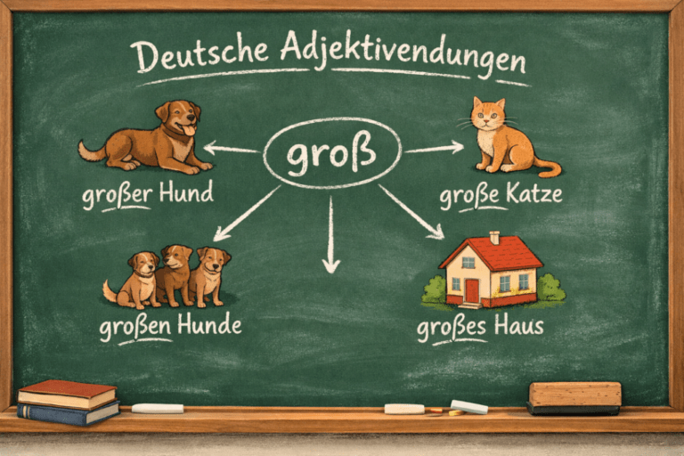 German adjective endings on a chalk board illustrated with a cat, dog, and house