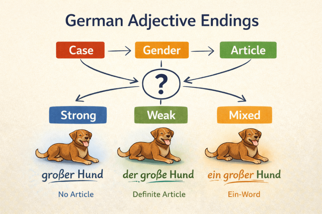 German adjective endings broken down by case, gender, and article, strong, weak, and mixed 