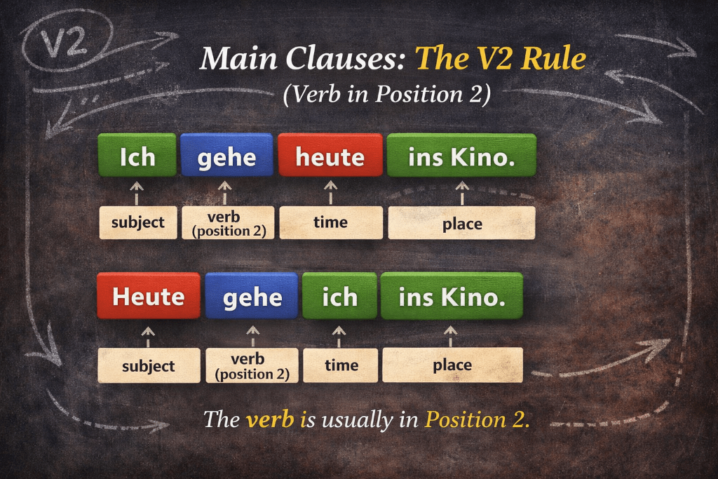 main clauses: the V2 rule in German showing the verb in second position in example sentences