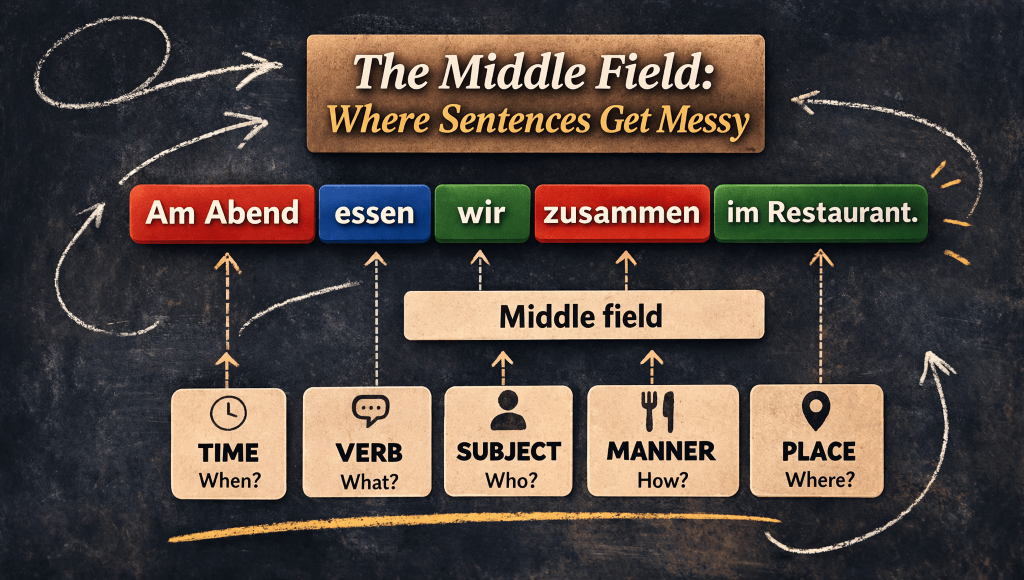 the middle field of German sentences is where sentences get confusing, shown by an example sentence with several parts