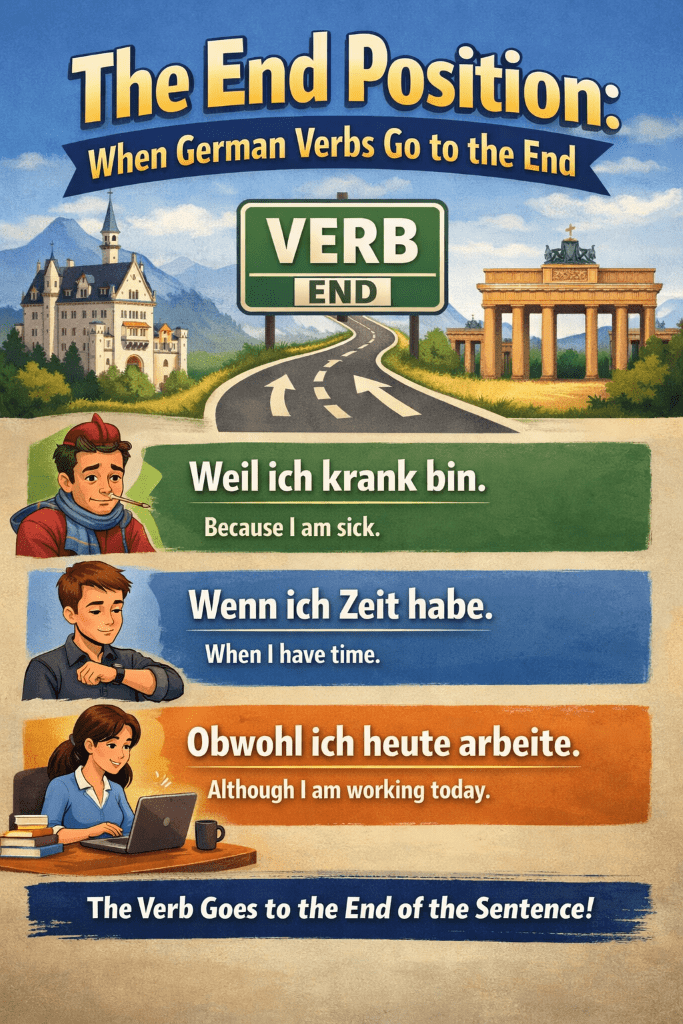 the end position: when German verbs go to the end of a sentence followed by example sentences and illustrations