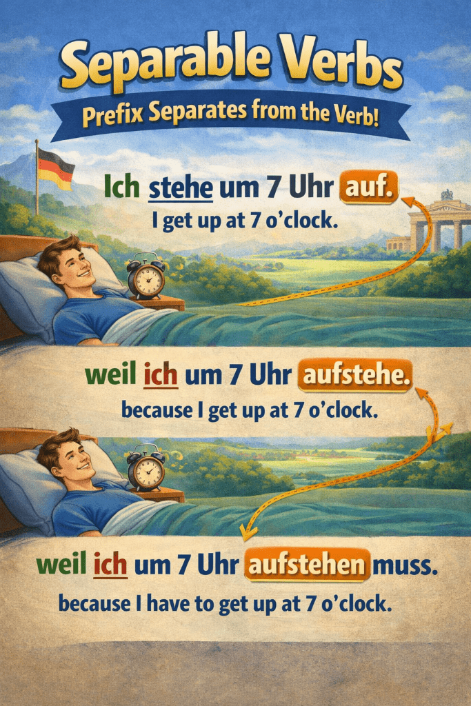 German separable verbs have prefixes that separate from the verbs, shown in different variations of one example sentence