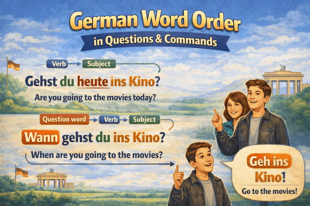 Illustration with example sentences explaining how German word order works in questions and commands