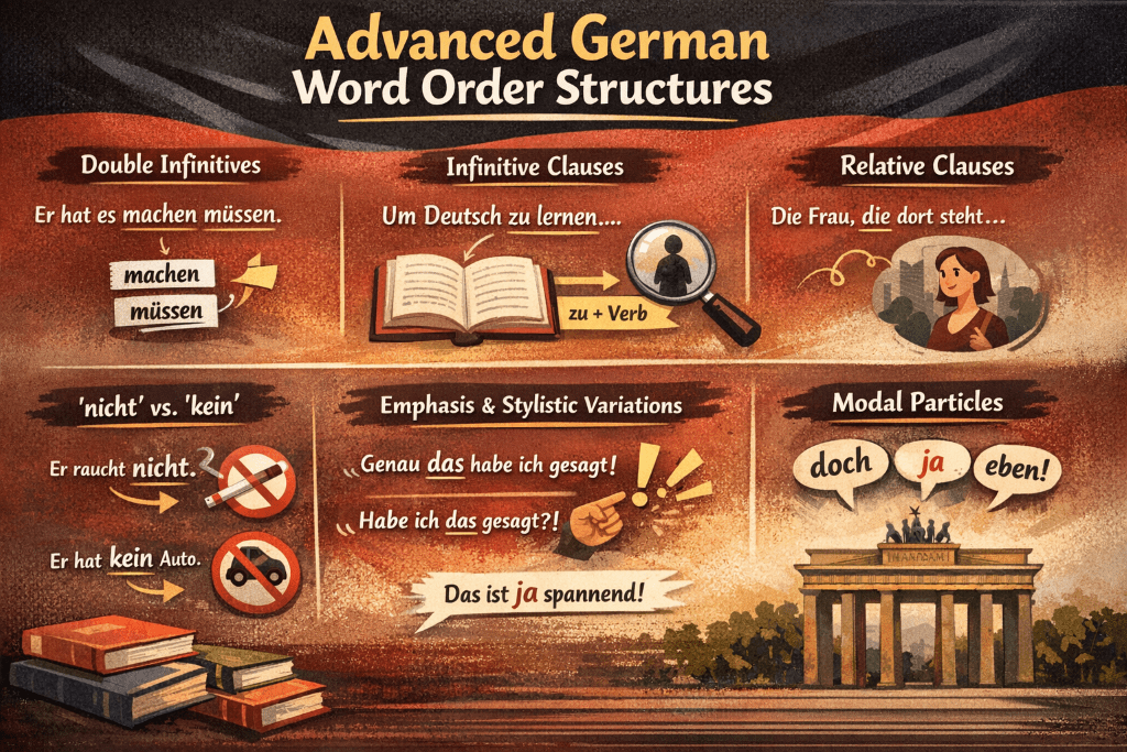 Illustration showing six different types of advanced German word order structures including double infinitives,  infinitive clauses, relative clauses,  nicht vs kein, emphasis and stylistic variations, and modal particles