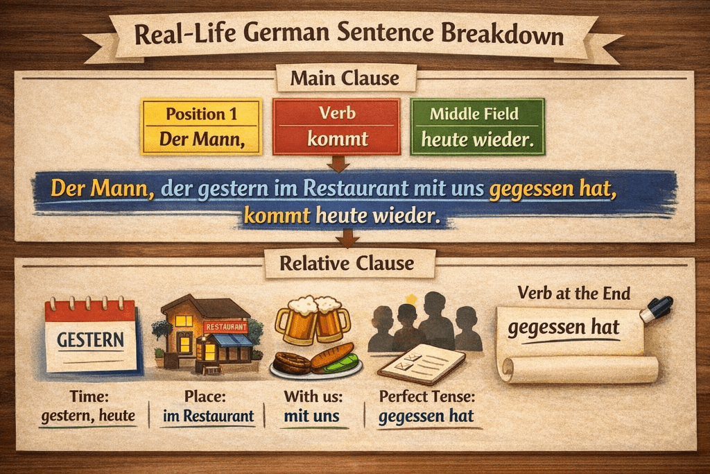A real life German sentence break down shows a sentence with both main and relative clauses and how multiple verbs are placed throughout