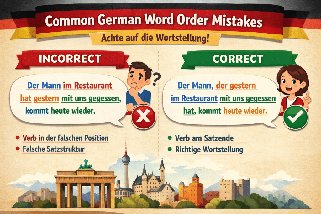 common German word order mistakes illustrated by the false placement of the verb and incorrect sentence structure vs the verb in the correct position and using the correct sentence structure