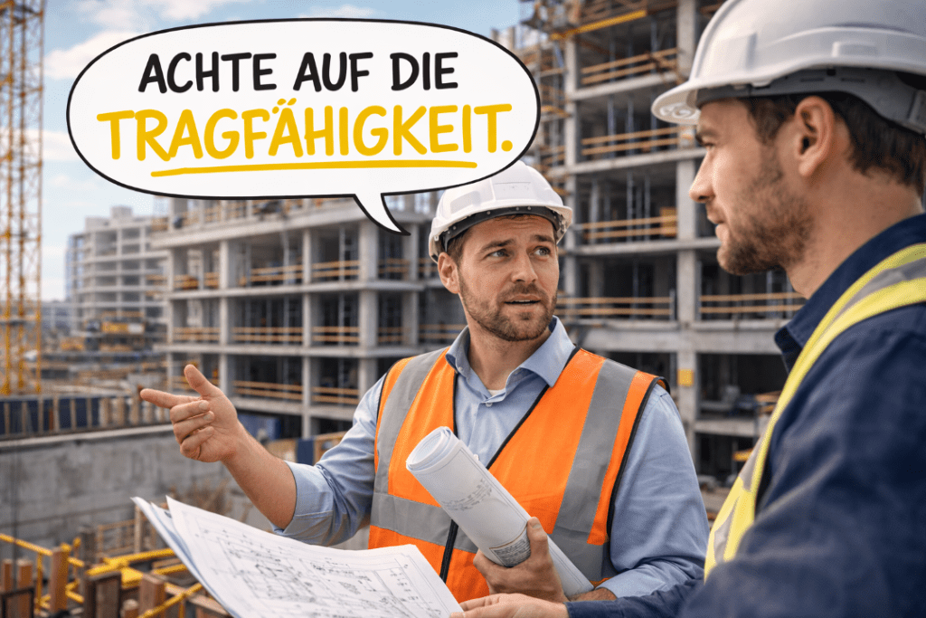 A construction worker tells another coworker to pay attention to the load capacity in German