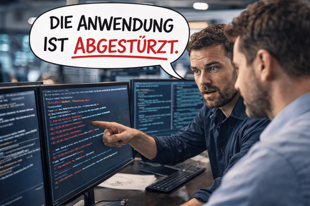 A software engineer tells a colleague that the application has crashed in German
