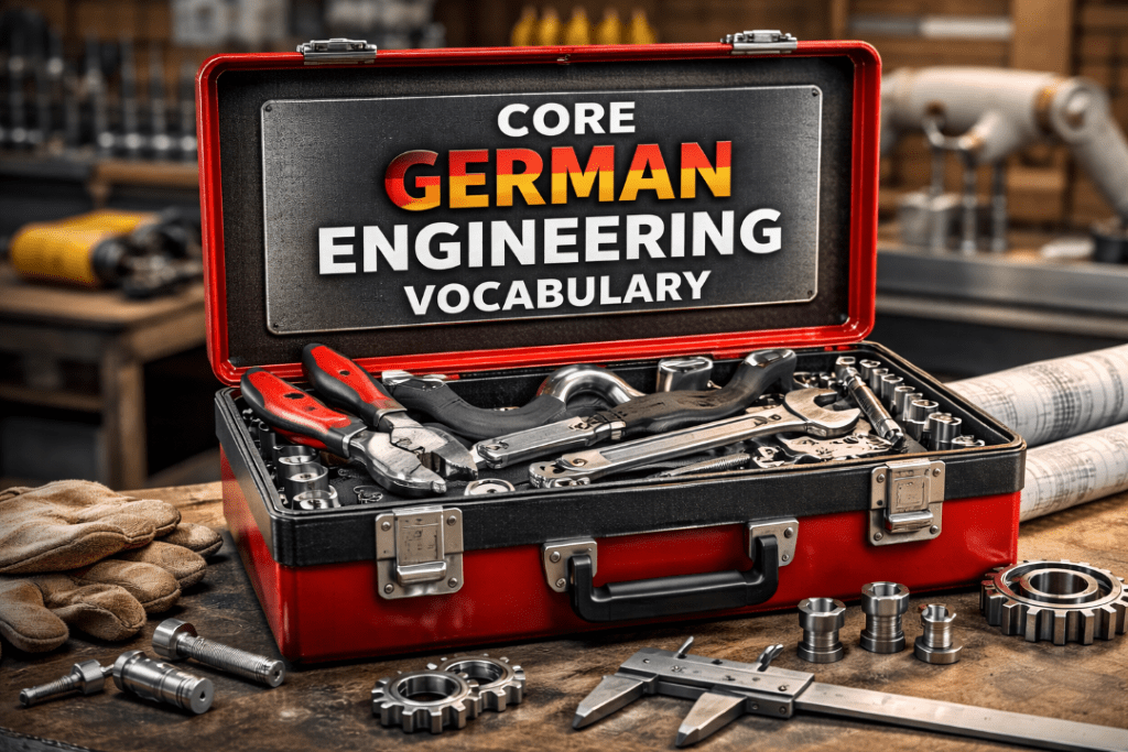 Core German engineering vocabulary inside of an engineer's tool box