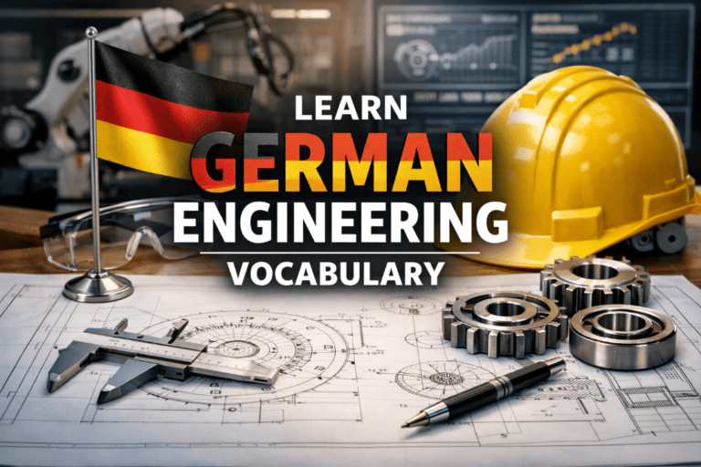 Learn German engineering vocabulary on a background with a hardhat, German flag, and blueprints
