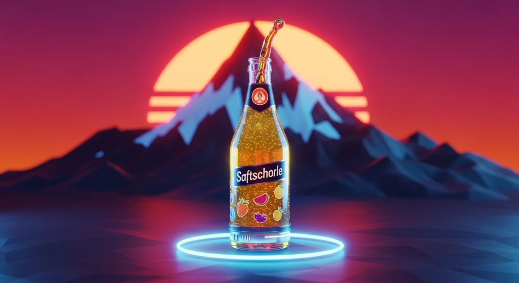 A German Saftschorle against a colorful mountain illustration