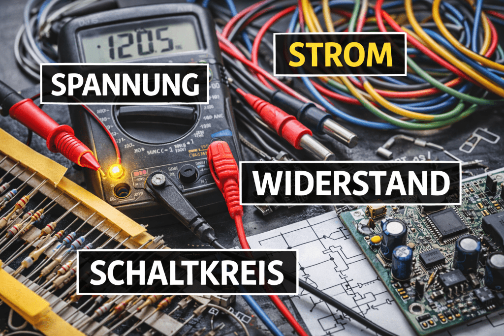 German electronical engineering vocabulary like Strom, Spannung, Widerstand, and Schaltkreis on a background of circuits and wires