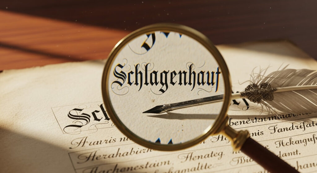 The word Schlagenhauf is magnified in a magnifying glass