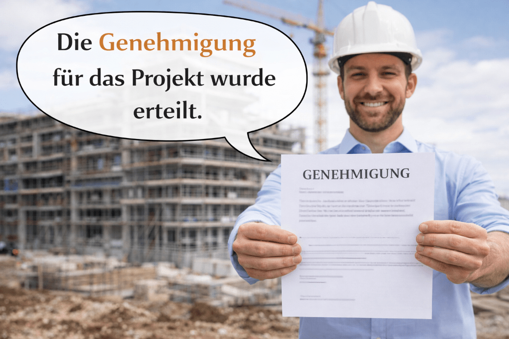 A civil engineer holds up a permit and says The permit for the project has been granted in German