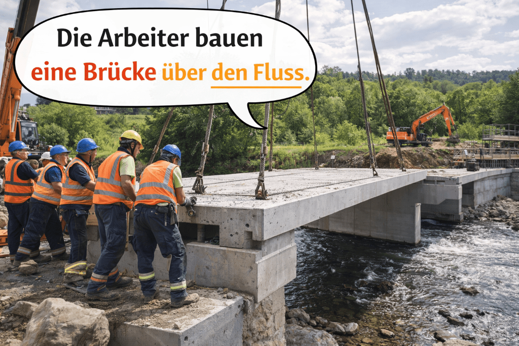 In German: The workers are building a bridge over the river.