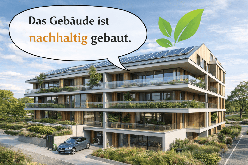 The building is constructed sustainably in German showing a lush apartment complex.