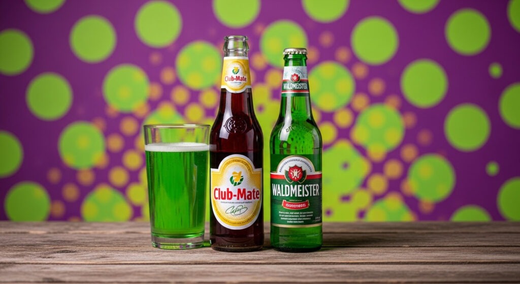 The Club Mate and Waldmeister against a blue and purple backdrop